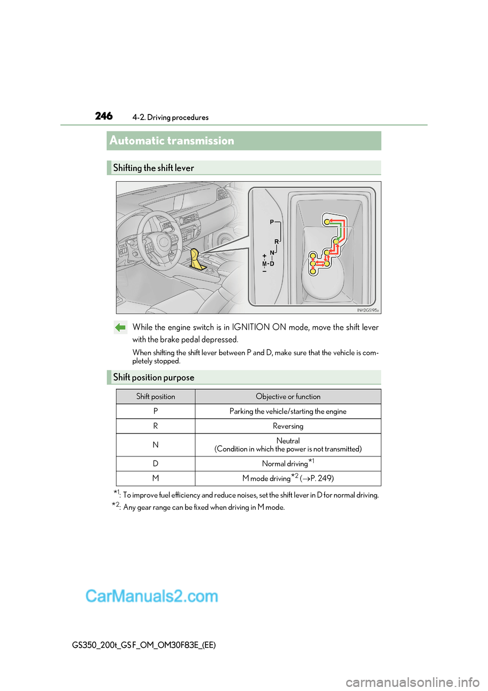 Lexus GS350 2017  Owners Manual 2464-2. Driving procedures
GS350_200t_GS F_OM_OM30F83E_(EE)
Automatic transmission
While the engine switch is in IGNITION ON mode, move the shift lever 
with the brake pedal depressed. 
When shifting 