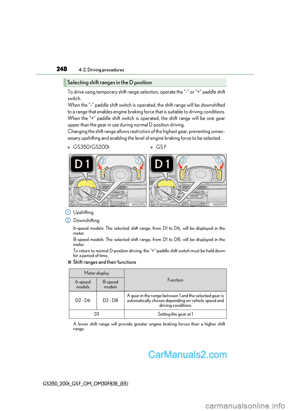 Lexus GS350 2017 Owners Manual 2484-2. Driving procedures
GS350_200t_GS F_OM_OM30F83E_(EE)
To drive using temporary shift range selection, operate the “-” or “+” paddle shift
switch.
When the “-” paddle shift switch Lexus GS350 2017 Owners Manual 2484-2. Driving procedures
GS350_200t_GS F_OM_OM30F83E_(EE)
To drive using temporary shift range selection, operate the “-” or “+” paddle shift
switch.
When the “-” paddle shift switch