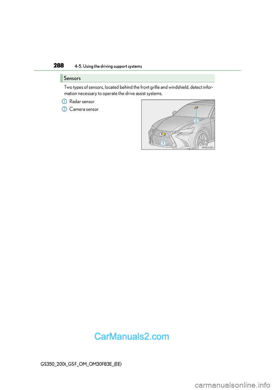 Lexus GS350 2017 Owners Manual 2884-5. Using the driving support systems
GS350_200t_GS F_OM_OM30F83E_(EE)
Two types of sensors, located behind the front grille and windshield, detect infor-
mation necessary to operate the drive as Lexus GS350 2017 Owners Manual 2884-5. Using the driving support systems
GS350_200t_GS F_OM_OM30F83E_(EE)
Two types of sensors, located behind the front grille and windshield, detect infor-
mation necessary to operate the drive as