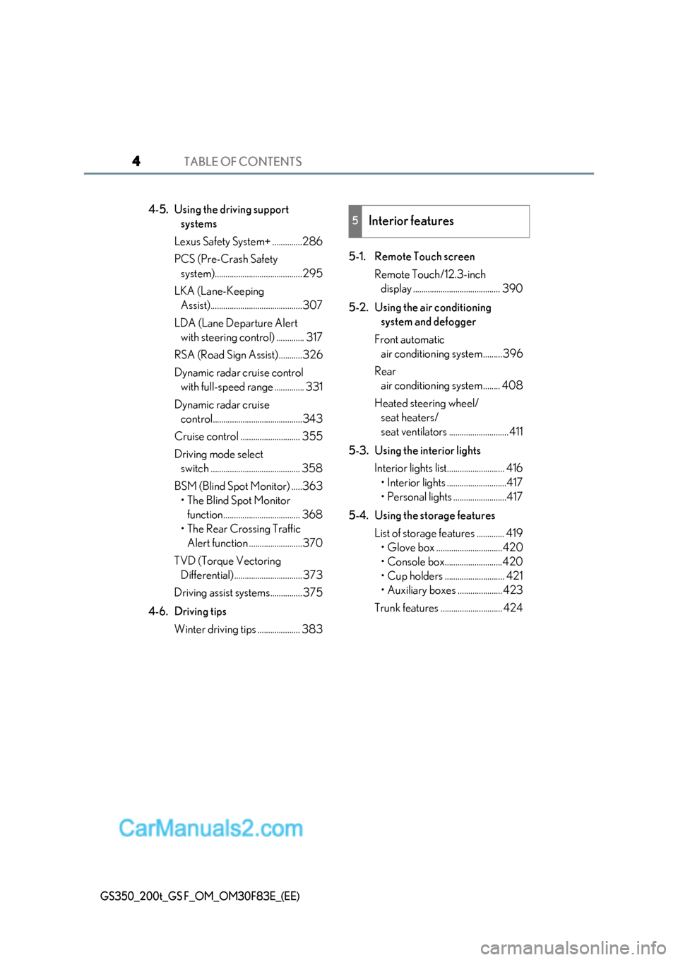 Lexus GS350 2017 Owners Manual TABLE OF CONTENTS4
GS350_200t_GS F_OM_OM30F83E_(EE)
4-5. Using the driving support systems
Lexus Safety System+ ..............286
PCS (Pre-Crash Safety system)....................................... Lexus GS350 2017 Owners Manual TABLE OF CONTENTS4
GS350_200t_GS F_OM_OM30F83E_(EE)
4-5. Using the driving support systems
Lexus Safety System+ ..............286
PCS (Pre-Crash Safety system).......................................