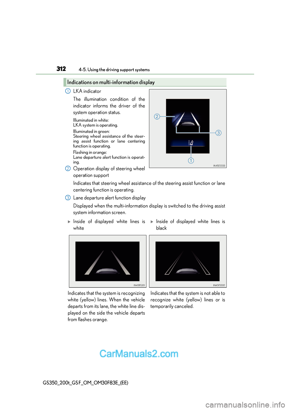 Lexus GS350 2017 Owners Manual 3124-5. Using the driving support systems
GS350_200t_GS F_OM_OM30F83E_(EE)
LKA indicator
The illumination condition of the
indicator informs the driver of the
system operation status.
Illuminated Lexus GS350 2017 Owners Manual 3124-5. Using the driving support systems
GS350_200t_GS F_OM_OM30F83E_(EE)
LKA indicator
The illumination condition of the
indicator informs the driver of the
system operation status.
Illuminated