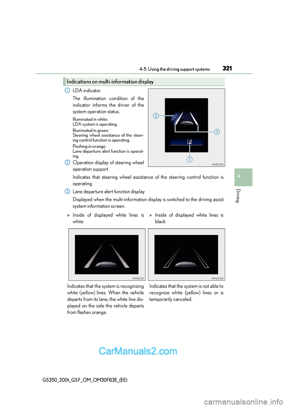 Lexus GS350 2017  Owners Manual 321
4-5. Using the driving support systems
4
Driving
GS350_200t_GS F_OM_OM30F83E_(EE)
LDA indicator 
The illumination condition of the 
indicator informs the driver of the 
system operation status. 
I