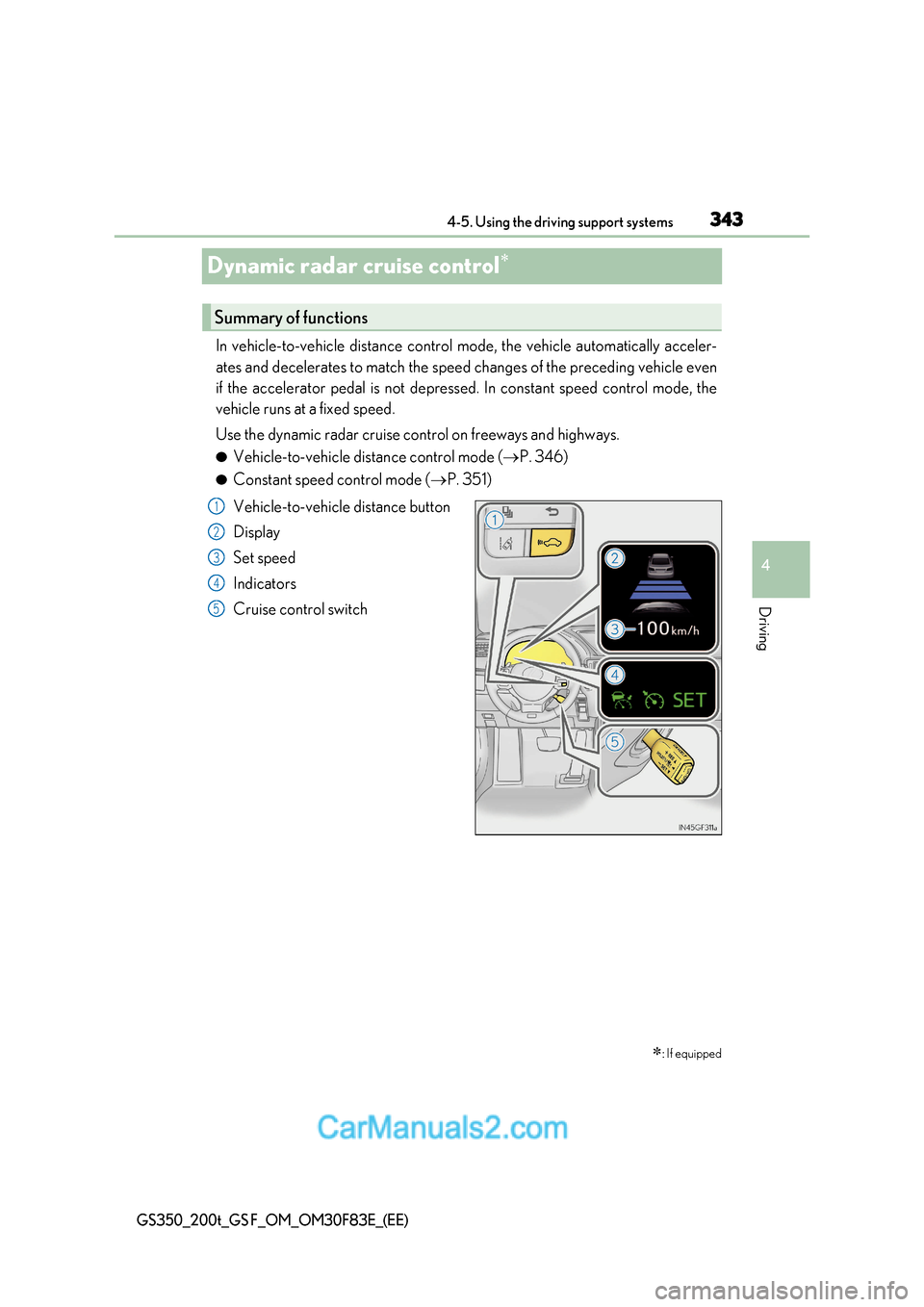 Lexus GS350 2017 Owners Manual 343
4
4-5. Using the driving support systems
Driving
GS350_200t_GS F_OM_OM30F83E_(EE)
Dynamic radar cruise control
In vehicle-to-vehicle distance control mode, the vehicle automatically acceler-
a Lexus GS350 2017 Owners Manual 343
4
4-5. Using the driving support systems
Driving
GS350_200t_GS F_OM_OM30F83E_(EE)
Dynamic radar cruise control
In vehicle-to-vehicle distance control mode, the vehicle automatically acceler-
a