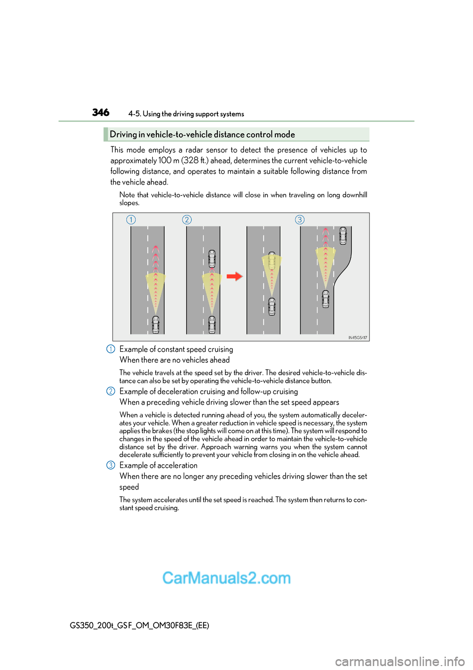 Lexus GS350 2017  Owners Manual 3464-5. Using the driving support systems
GS350_200t_GS F_OM_OM30F83E_(EE)
This mode employs a radar sensor to detect the presence of vehicles up to 
approximately 100 m (328 ft.) ahead, determines th