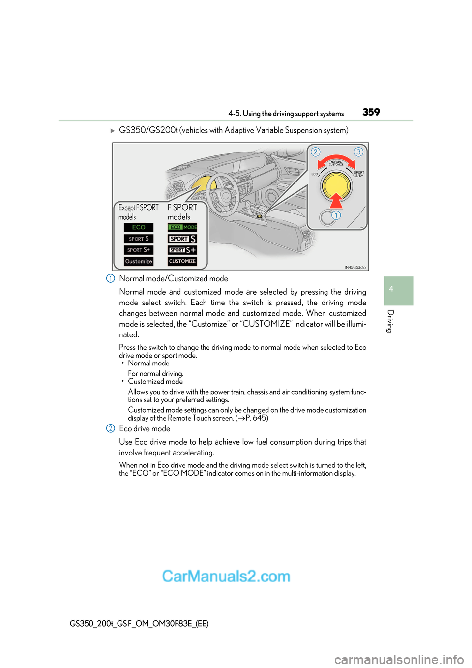 Lexus GS350 2017  Owners Manual 359
4-5. Using the driving support systems
4
Driving
GS350_200t_GS F_OM_OM30F83E_(EE)
GS350/GS200t (vehicles with Adaptive Variable Suspension system) 
Normal mode/Customized mode 
Normal mode and 