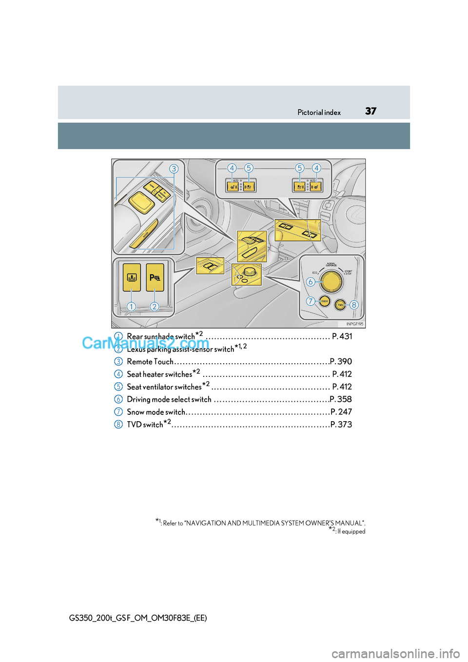 Lexus GS350 2017 Owners Guide 37
Pictorial index
GS350_200t_GS F_OM_OM30F83E_(EE)
Rear sunshade switch *2
 . . . . . . . . . . . . . . . . . . . . . . . . . . . . . . . . . . . . . . . . . . . .  P. 431
Lexus parking assist-sensor