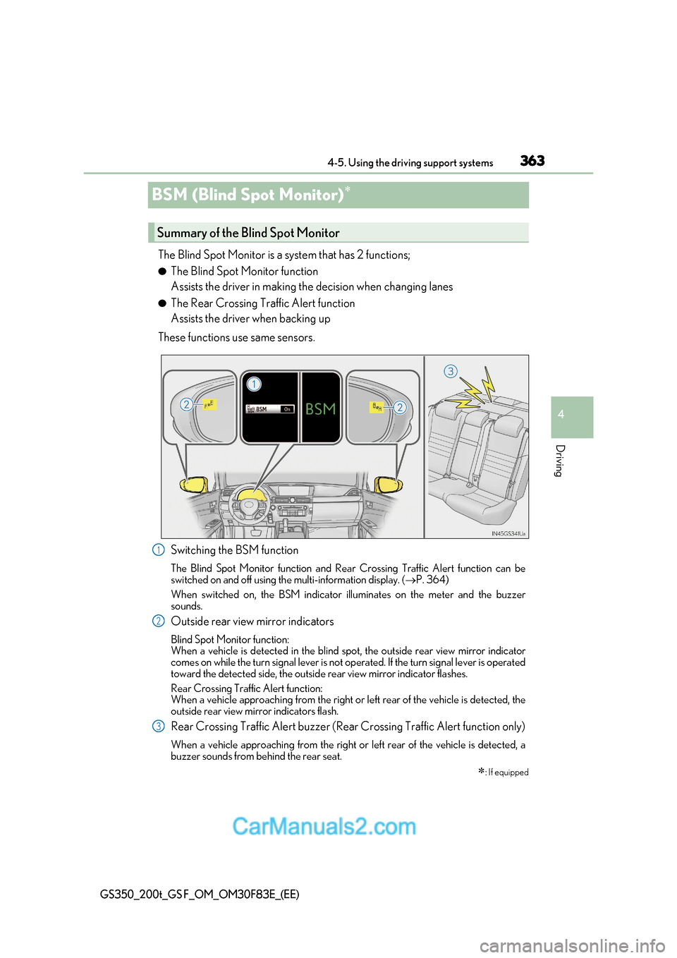 Lexus GS350 2017  Owners Manual 363
4
4-5. Using the driving support systems
Driving
GS350_200t_GS F_OM_OM30F83E_(EE)
BSM (Blind Spot Monitor)
The Blind Spot Monitor is a system that has 2 functions; ●
The Blind Spot Monitor fu