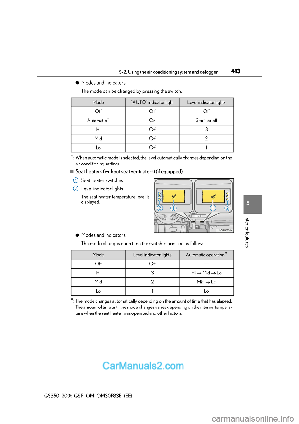 Lexus GS350 2017  Owners Manual 413
5-2. Using the air conditioning system and defogger
5
Interior features
GS350_200t_GS F_OM_OM30F83E_(EE)
● Modes and indicators 
The mode can be changed by pressing the switch.
* : When automati