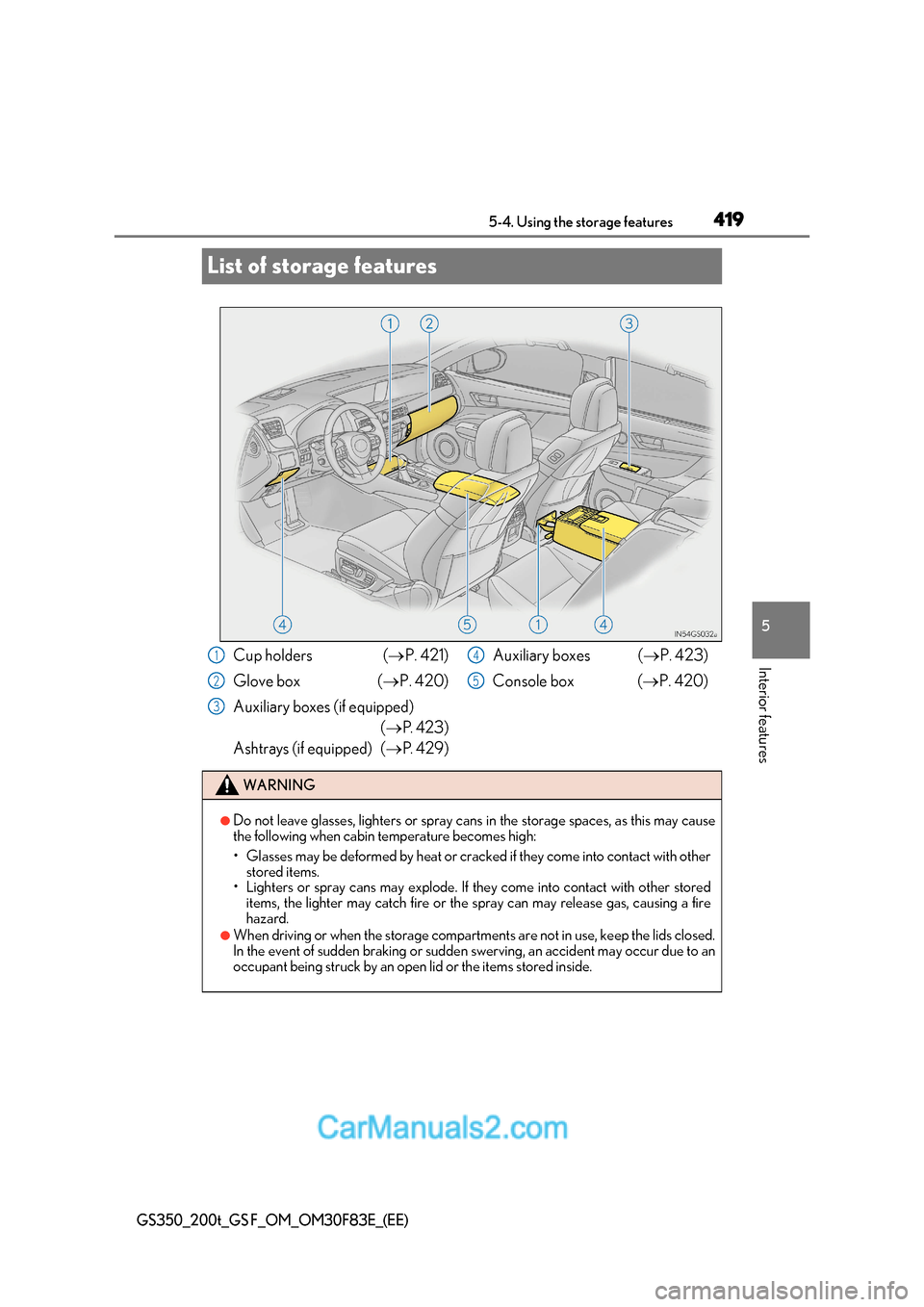 Lexus GS350 2017  Owners Manual 419
5
5-4. Using the storage features
Interior features
GS350_200t_GS F_OM_OM30F83E_(EE)
List of storage features
Cup holders (P. 421)
Glove box  ( P. 420)
Auxiliary boxes (if equipped)  ( P.
