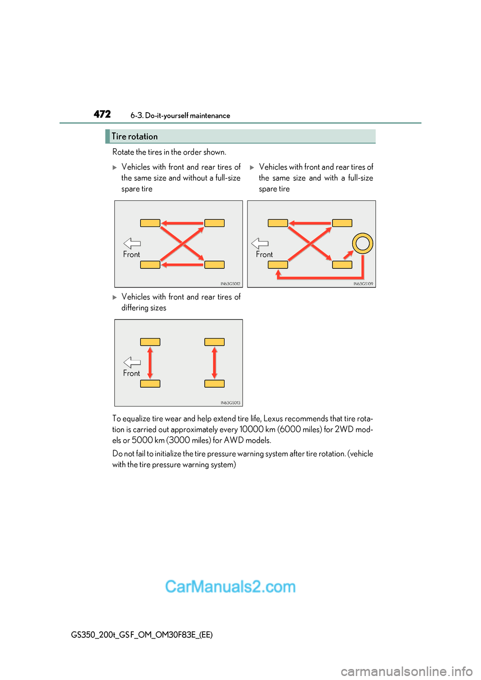 Lexus GS350 2017 Owners Manual 4726-3. Do-it-yourself maintenance
GS350_200t_GS F_OM_OM30F83E_(EE)
Rotate the tires in the order shown.
To equalize tire wear and help extend tire life, Lexus recommends that tire rota-
tion is car Lexus GS350 2017 Owners Manual 4726-3. Do-it-yourself maintenance
GS350_200t_GS F_OM_OM30F83E_(EE)
Rotate the tires in the order shown.
To equalize tire wear and help extend tire life, Lexus recommends that tire rota-
tion is car