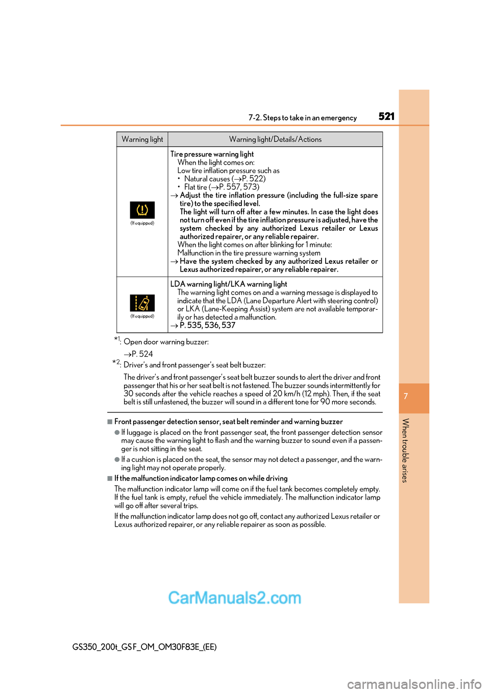Lexus GS350 2017 Owners Manual 521
7-2. Steps to take in an emergency
7
When trouble arises
GS350_200t_GS F_OM_OM30F83E_(EE)
* 1
: Open door warning buzzer:
P. 524
* 2
: Driver’s and front passenger’s seat belt buzzer:
The Lexus GS350 2017 Owners Manual 521
7-2. Steps to take in an emergency
7
When trouble arises
GS350_200t_GS F_OM_OM30F83E_(EE)
* 1
: Open door warning buzzer:
P. 524
* 2
: Driver’s and front passenger’s seat belt buzzer:
The