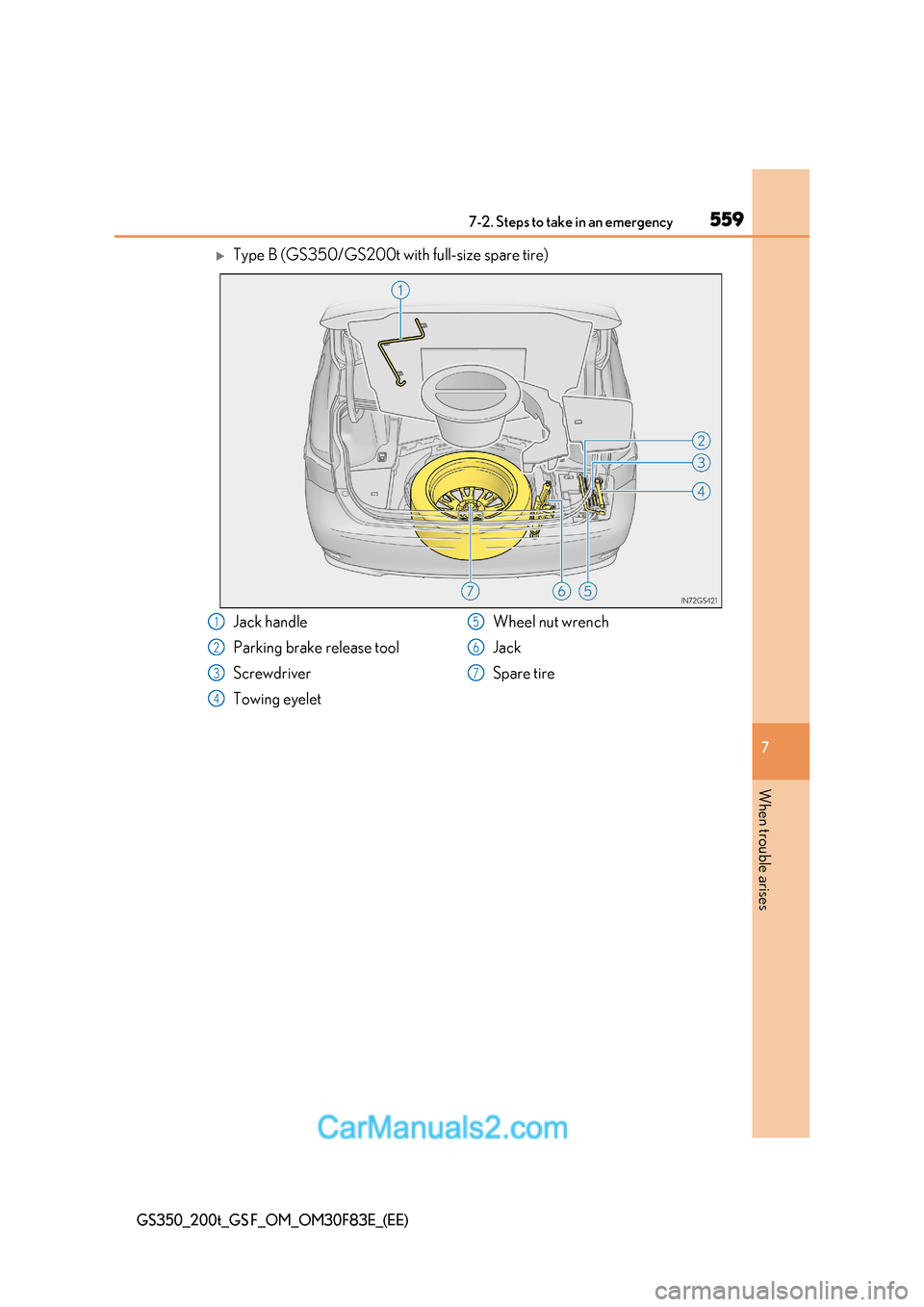 Lexus GS350 2017  Owners Manual 559
7-2. Steps to take in an emergency
7
When trouble arises
GS350_200t_GS F_OM_OM30F83E_(EE)
Type B (GS350/GS200t with full-size spare tire)
Jack handle 
Parking brake release tool 
Screwdriver 
T