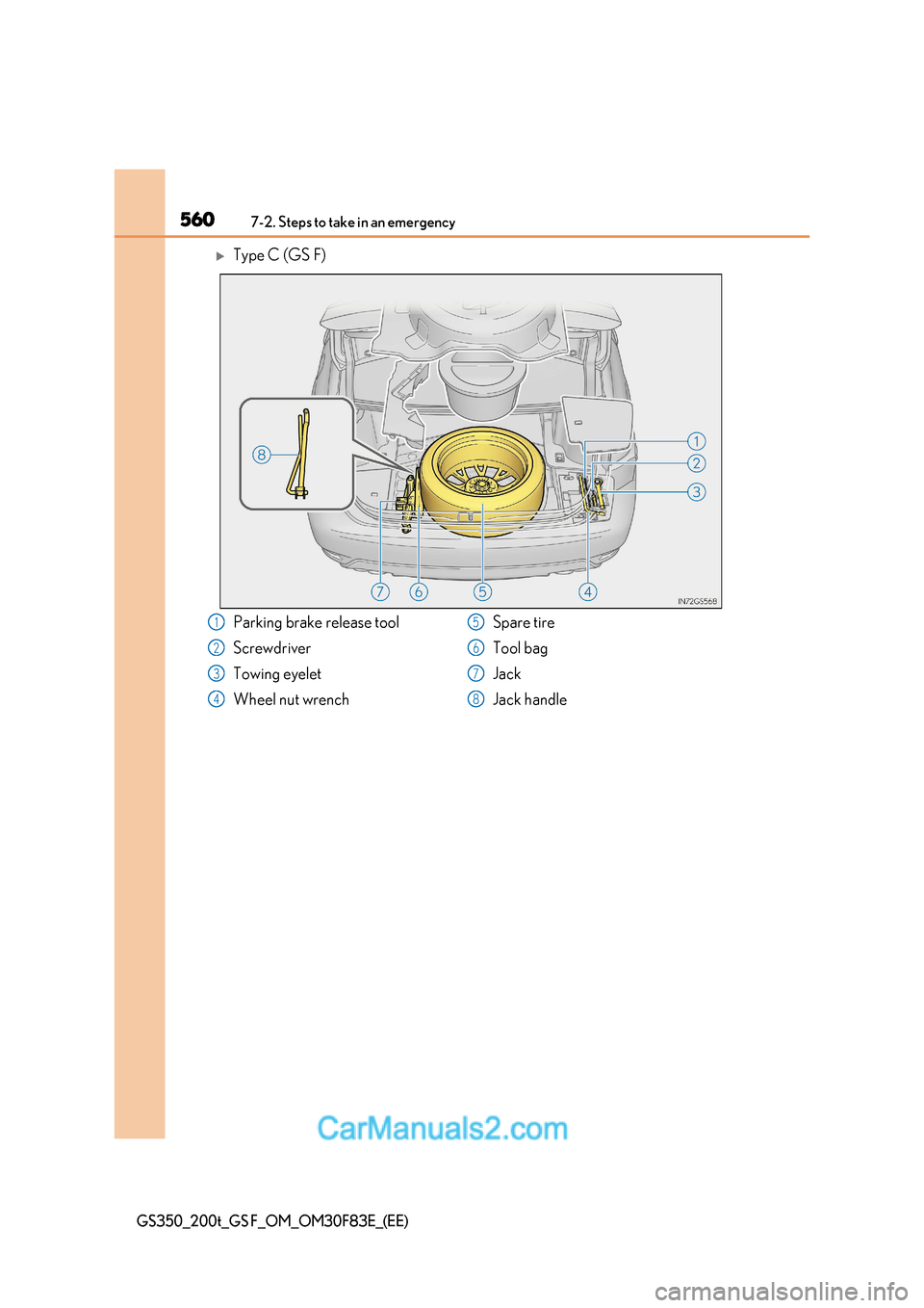 Lexus GS350 2017  Owners Manual 5607-2. Steps to take in an emergency
GS350_200t_GS F_OM_OM30F83E_(EE)
Type C (GS F)
Parking brake release tool 
Screwdriver 
Towing eyelet 
Wheel nut wrench Spare tire
Tool bag 
Jack 
Jack handle1