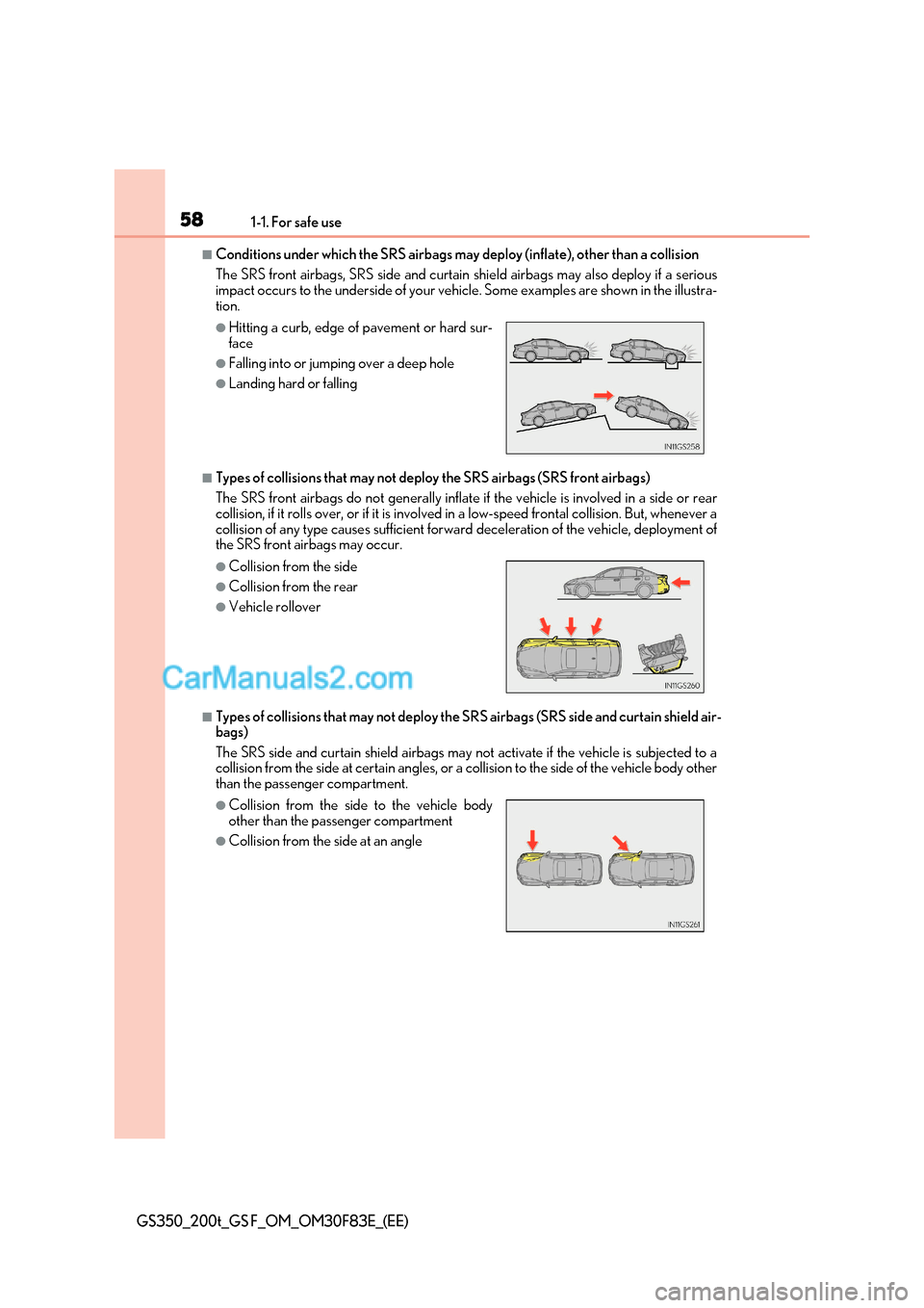 Lexus GS350 2017  Owners Manual 581-1. For safe use
GS350_200t_GS F_OM_OM30F83E_(EE)
■Conditions under which the SRS airbags may  deploy (inflate), other than a collision 
The SRS front airbags, SRS side and curtain shield airbags