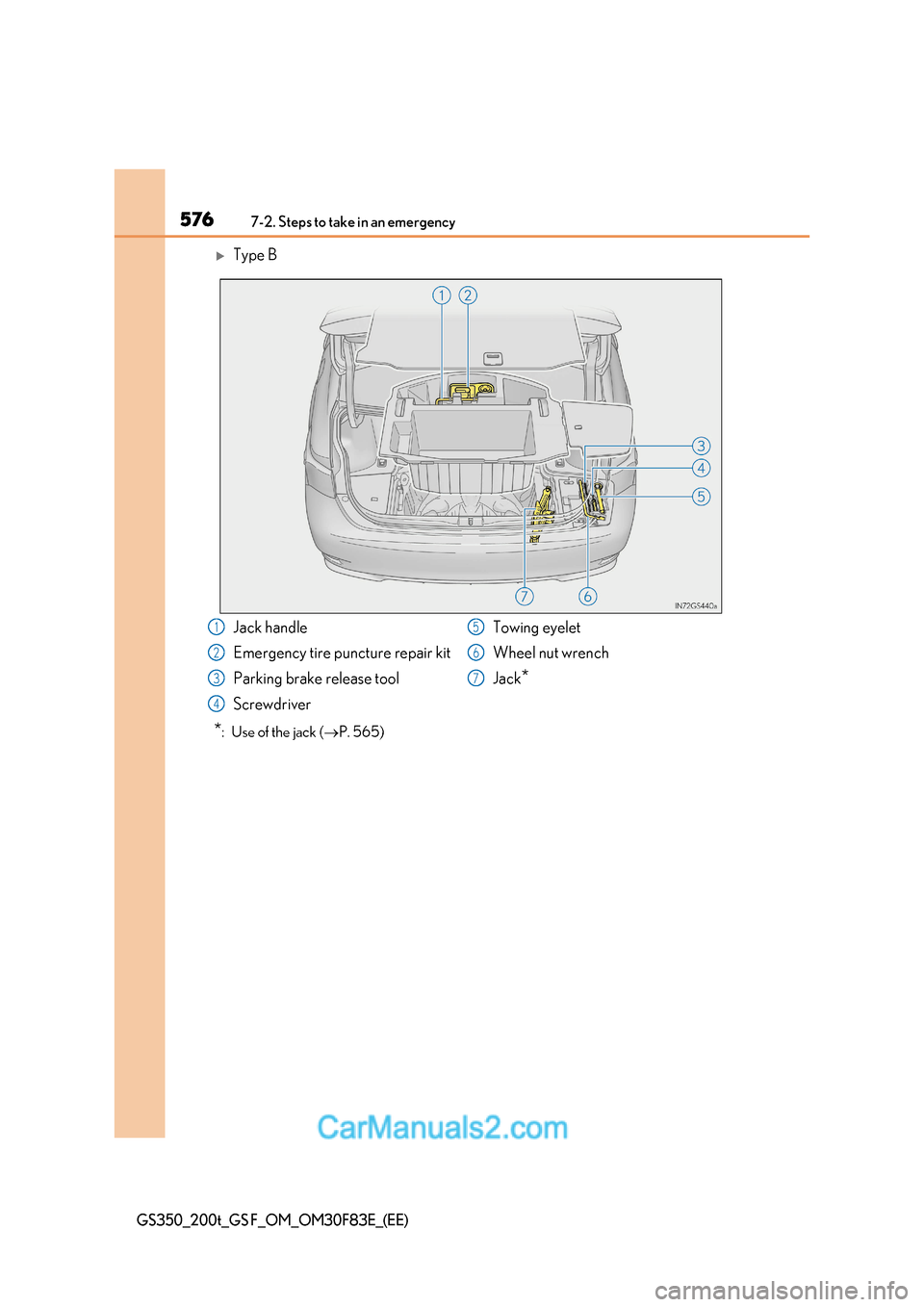 Lexus GS350 2017  Owners Manual 5767-2. Steps to take in an emergency
GS350_200t_GS F_OM_OM30F83E_(EE)
Type B
* :  Use of the jack ( P. 565)
Jack handle 
Emergency tire puncture repair kit 
Parking brake release tool 
Screwdri