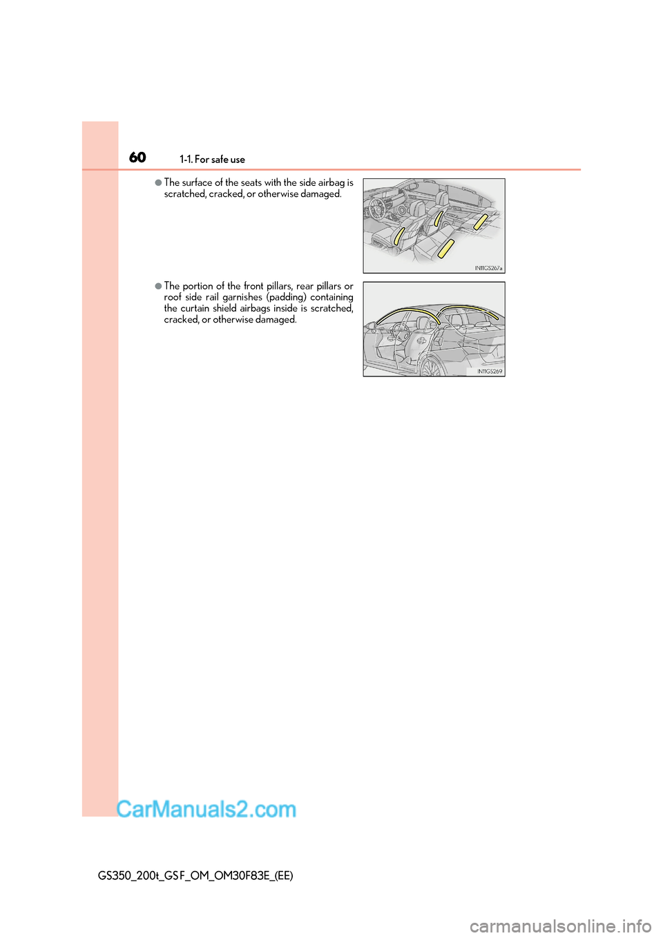 Lexus GS350 2017 Workshop Manual 601-1. For safe use
GS350_200t_GS F_OM_OM30F83E_(EE)
●The surface of the seats with the side airbag is 
scratched, cracked, or otherwise damaged.
●The portion of the front pillars, rear pillars or