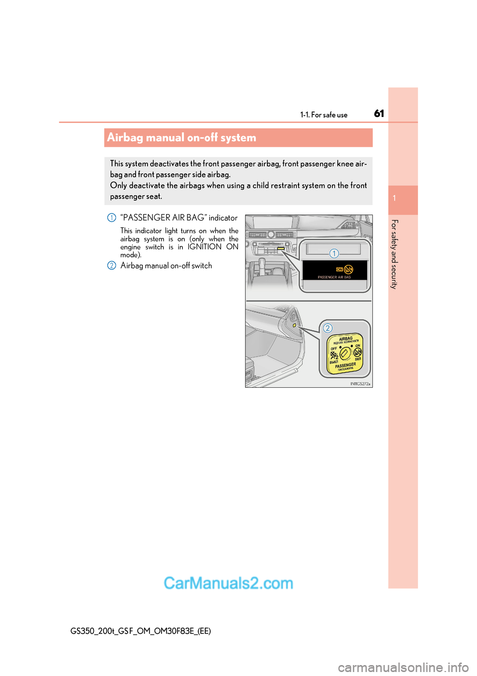 Lexus GS350 2017  Owners Manual 61
1-1. For safe use
1
GS350_200t_GS F_OM_OM30F83E_(EE)
For safety and security
Airbag manual on-off system
“PASSENGER AIR BAG” indicator 
This indicator light turns on when the 
airbag system is 