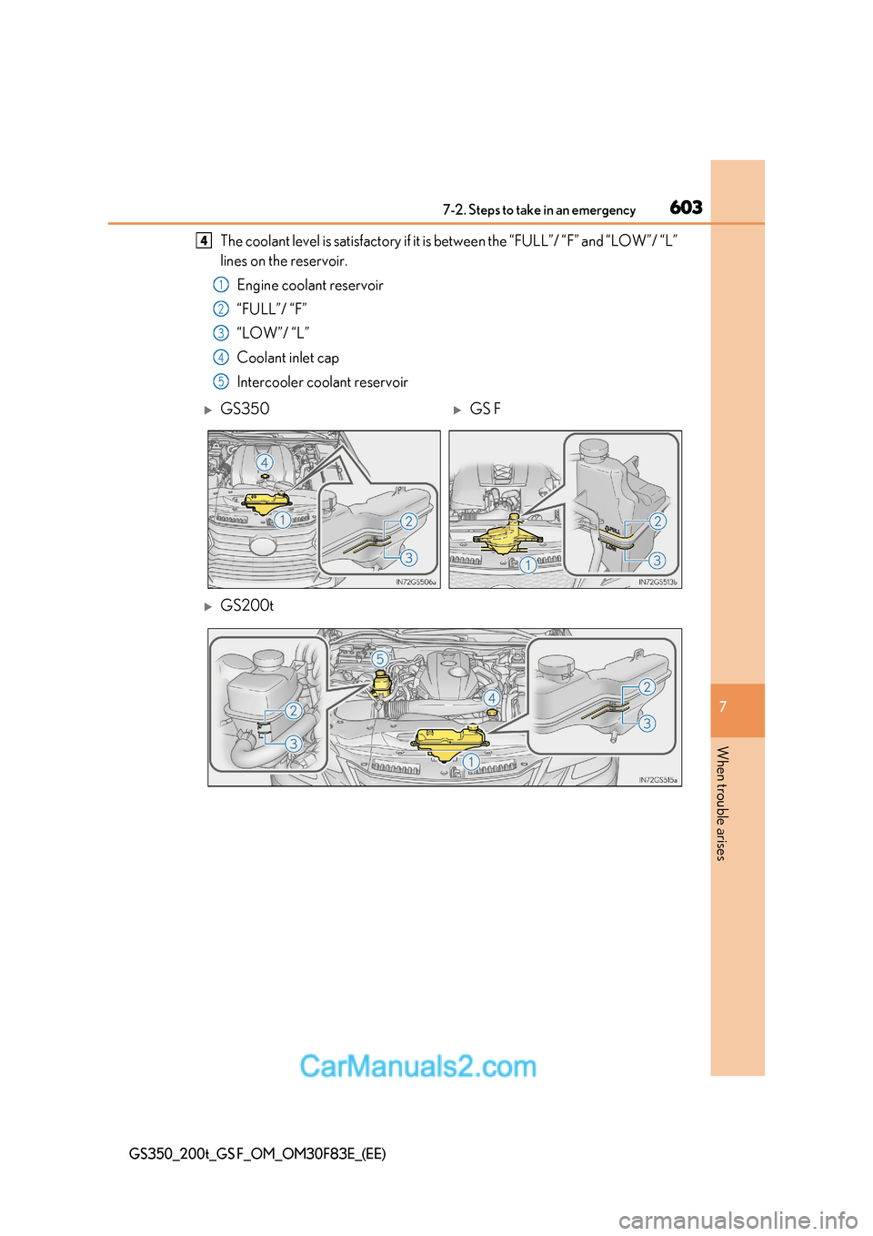 Lexus GS350 2017 Owners Manual 603
7-2. Steps to take in an emergency
7
When trouble arises
GS350_200t_GS F_OM_OM30F83E_(EE)
The coolant level is satisfactory if it is between the “FULL”/ “F” and “LOW”/ “L”
lines o Lexus GS350 2017 Owners Manual 603
7-2. Steps to take in an emergency
7
When trouble arises
GS350_200t_GS F_OM_OM30F83E_(EE)
The coolant level is satisfactory if it is between the “FULL”/ “F” and “LOW”/ “L”
lines o