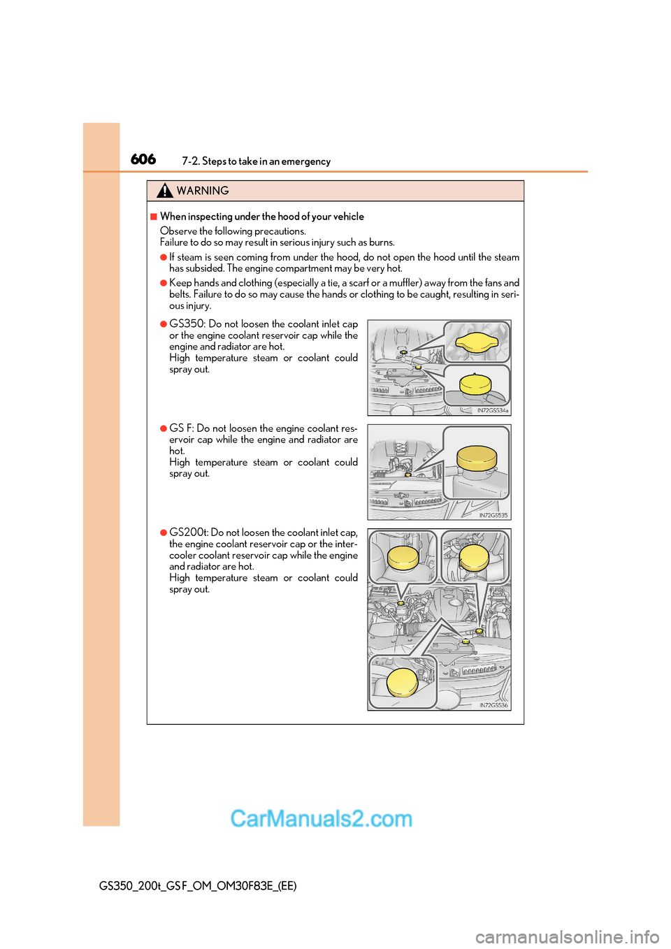 Lexus GS350 2017  Owners Manual 6067-2. Steps to take in an emergency
GS350_200t_GS F_OM_OM30F83E_(EE)
WARNING
■When inspecting under the hood of your vehicle 
Observe the following precautions.  
Failure to do so may result in se