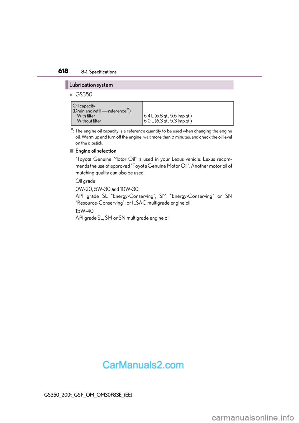 Lexus GS350 2017  Owners Manual 6188-1. Specifications
GS350_200t_GS F_OM_OM30F83E_(EE)
GS350
* : The engine oil capacity is a reference quantity to be used when changing the engine
oil. Warm up and turn off the engine, wait more