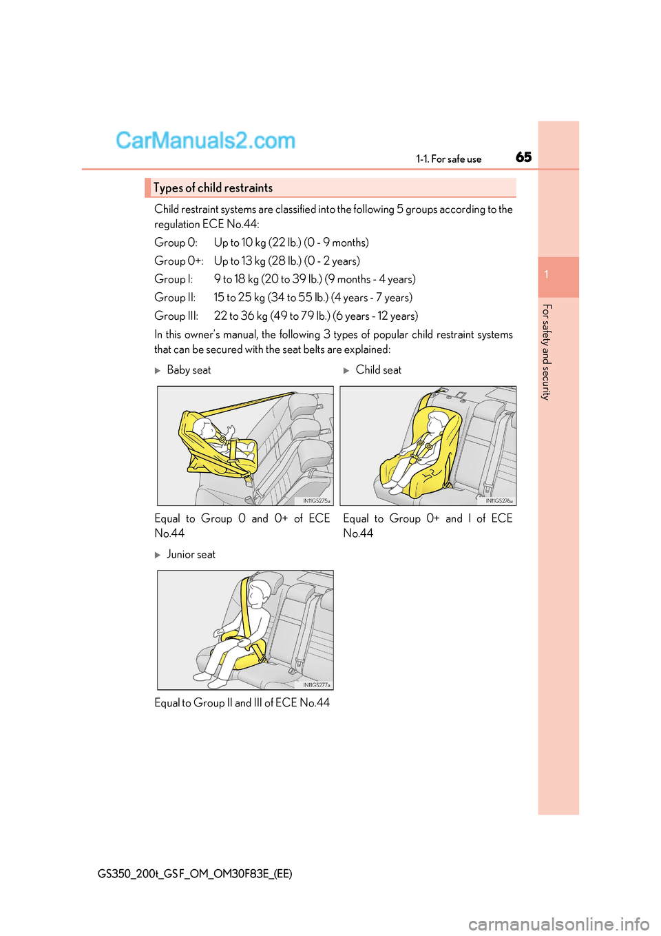 Lexus GS350 2017 Repair Manual 65
1-1. For safe use
1
For safety and security
GS350_200t_GS F_OM_OM30F83E_(EE)
Child restraint systems are classified into the following 5 groups according to the 
regulation ECE No.44: 
Group 0: Up 