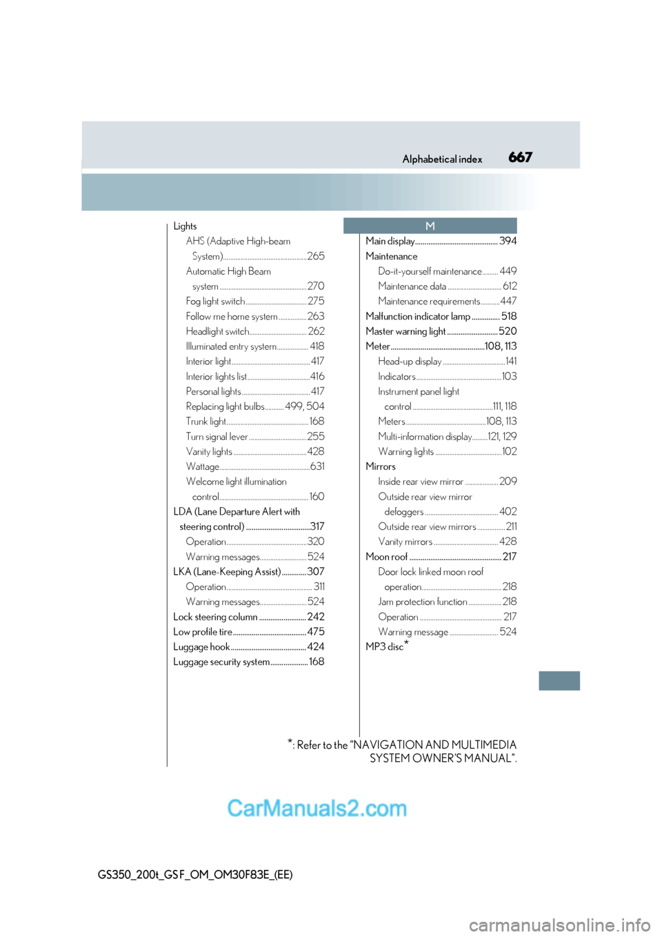 Lexus GS350 2017  Owners Manual 667
Alphabetical index
GS350_200t_GS F_OM_OM30F83E_(EE)
Lights
AHS (Adaptive High-beam 
System)................................................265
Automatic High Beam 
system .........................