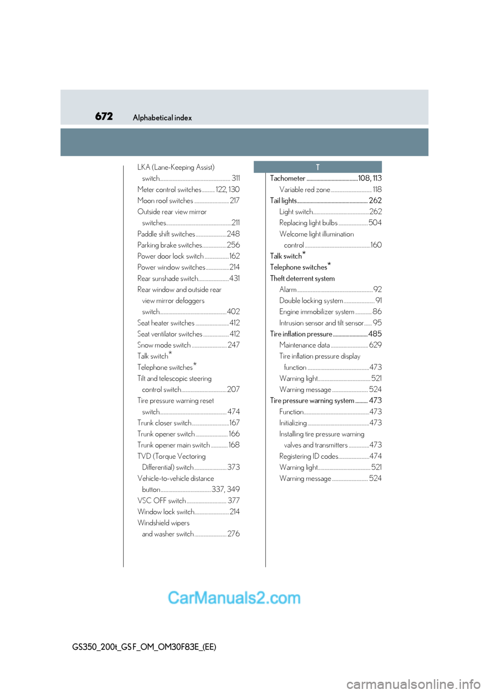 Lexus GS350 2017  Owners Manual 672Alphabetical index
GS350_200t_GS F_OM_OM30F83E_(EE)
LKA (Lane-Keeping Assist) 
switch....................................................... 311
Meter control switches .......... 122, 130 
Moon roo