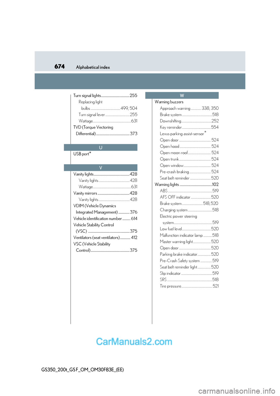 Lexus GS350 2017 Owners Manual 674Alphabetical index
GS350_200t_GS F_OM_OM30F83E_(EE)
Turn signal lights.................................... 255
Replacing light
bulbs ........................................ 499, 504
Turn signal l Lexus GS350 2017 Owners Manual 674Alphabetical index
GS350_200t_GS F_OM_OM30F83E_(EE)
Turn signal lights.................................... 255
Replacing light
bulbs ........................................ 499, 504
Turn signal l