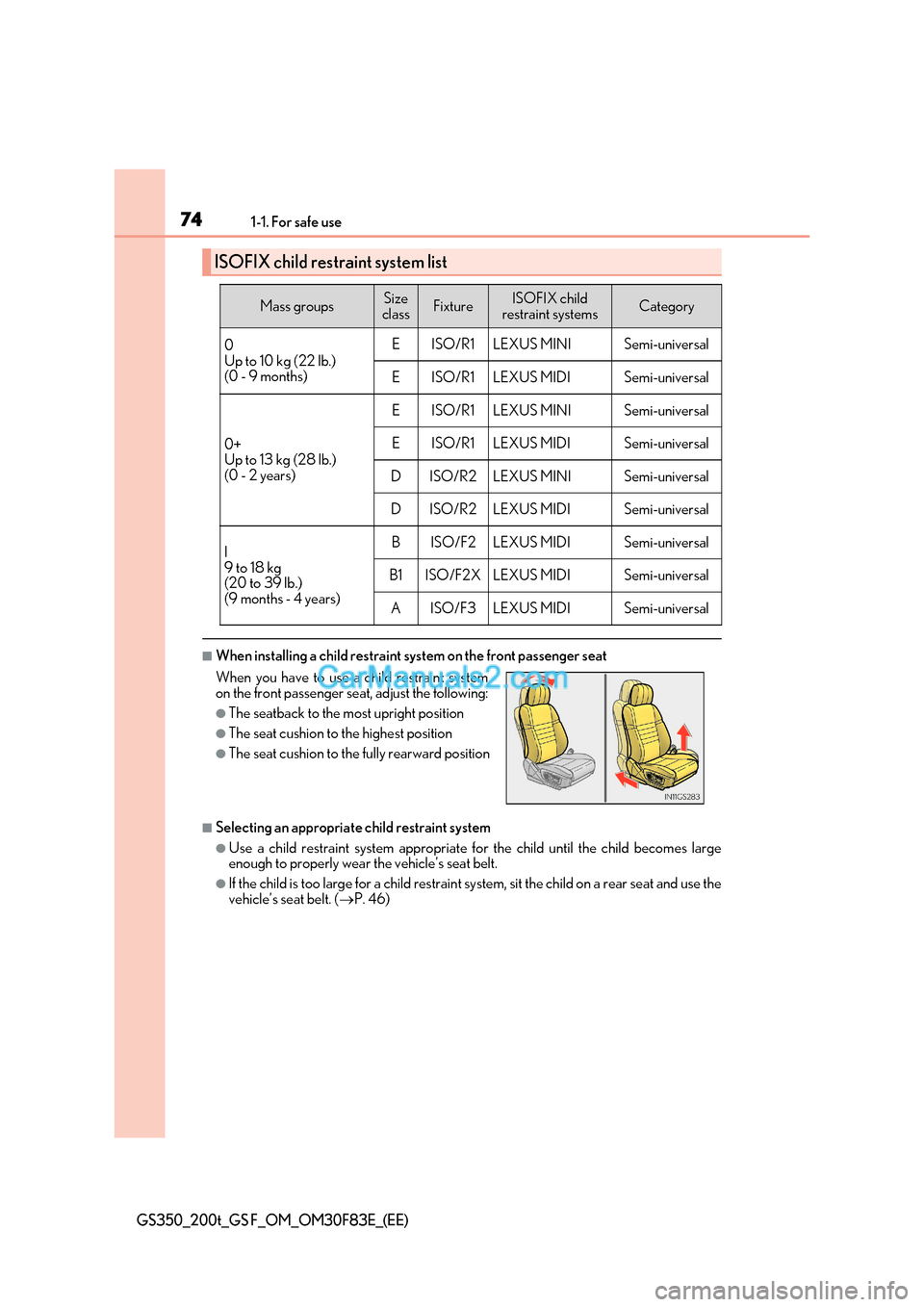 Lexus GS350 2017  Owners Manual 741-1. For safe use
GS350_200t_GS F_OM_OM30F83E_(EE)
■When installing a child restraint system on the front passenger seat
■Selecting an appropriate child restraint system
●Use a child restraint
