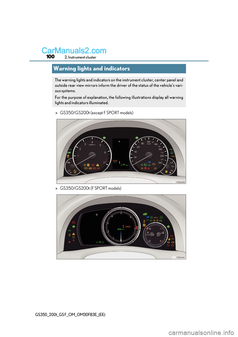 Lexus GS350 2017  Owners Manual 1002. Instrument cluster
GS350_200t_GS F_OM_OM30F83E_(EE)
Warning lights and indicators
GS350/GS200t (except F SPORT models)
GS350/GS200t (F SPORT models)
The warning lights and indicators on th