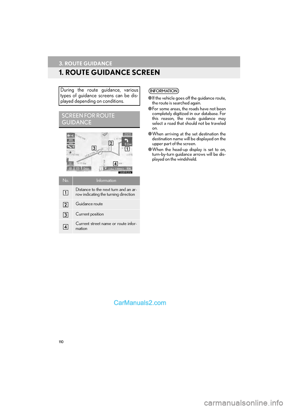 Lexus GS350 2017  Navigation Manual 110
GS_Navi+MM_OM30F99U_(U)16.07.11     14:00
3. ROUTE GUIDANCE
1. ROUTE GUIDANCE SCREEN
During the route guidance, various
types of guidance screens can be dis-
played depending on conditions.
SCREEN