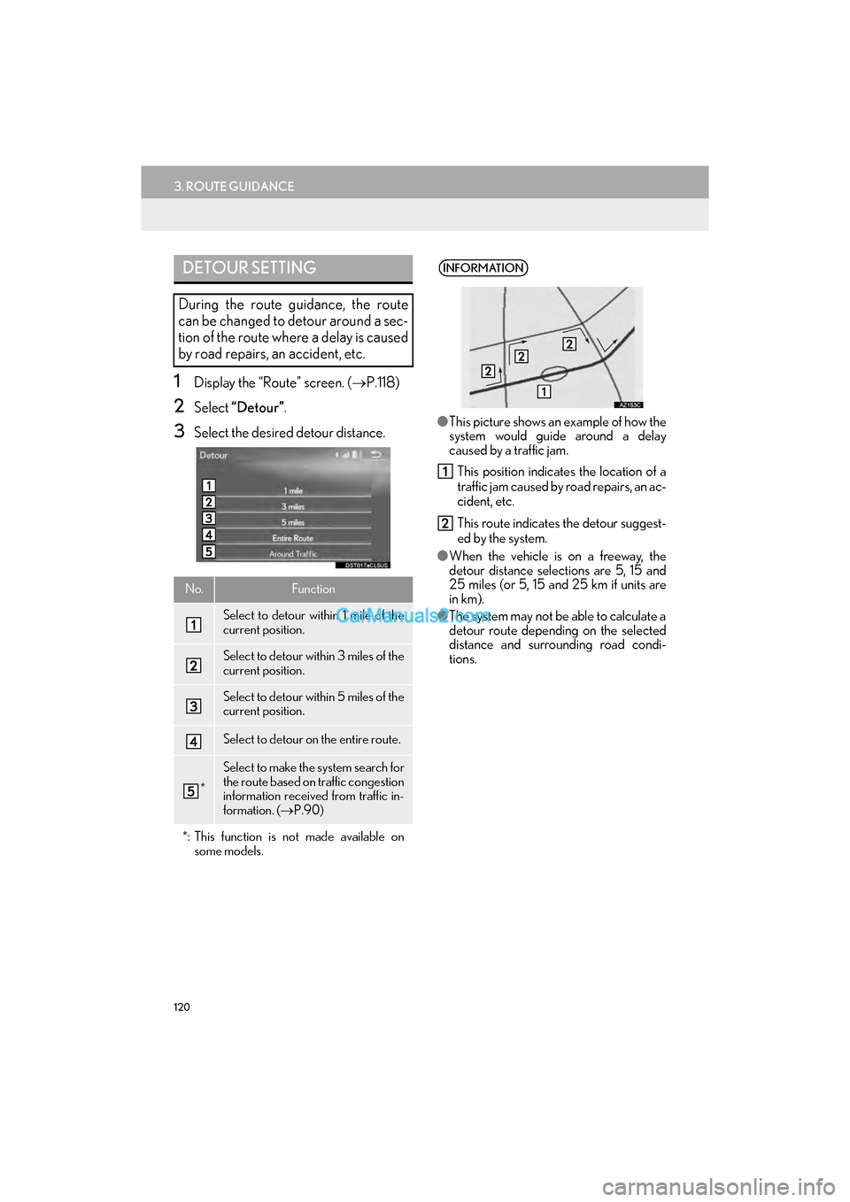 Lexus GS350 2017  Navigation Manual 120
3. ROUTE GUIDANCE
GS_Navi+MM_OM30F99U_(U)16.07.11     14:00
1Display the “Route” screen. (→P.118)
2Select  “Detour”.
3Select the desired detour distance.
DETOUR SETTING
During the route 