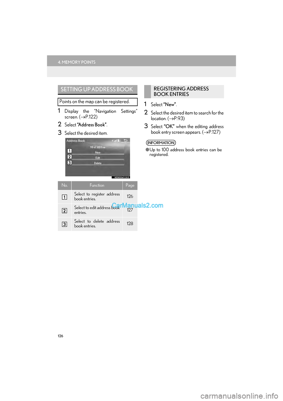 Lexus GS350 2017 Navigation Manual 126
4. MEMORY POINTS
GS_Navi+MM_OM30F99U_(U)16.07.11 14:00
1Display the “Navigation Settings”
screen. (→P.122)
2Select “Address Book” .
3Select the desired item.
1Select “New” .
2Se Lexus GS350 2017 Navigation Manual 126
4. MEMORY POINTS
GS_Navi+MM_OM30F99U_(U)16.07.11 14:00
1Display the “Navigation Settings”
screen. (→P.122)
2Select “Address Book” .
3Select the desired item.
1Select “New” .
2Se