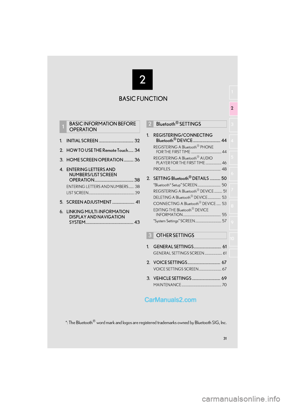Lexus GS350 2017  Navigation Manual 2
31
GS_Navi+MM_OM30F99U_(U)16.07.11     14:00
1
2
3 4
5
6
7
8 9
10
1. INITIAL SCREEN .......................................  32
2. HOW TO USE THE Remote Touch......  34
3. HOME SCREEN OPERATION ....
