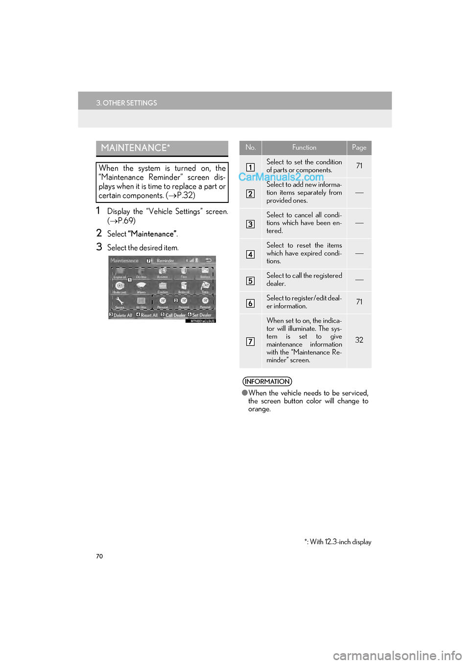 Lexus GS350 2017 Navigation Manual 70
3. OTHER SETTINGS
GS_Navi+MM_OM30F99U_(U)16.07.11 14:00
1Display the “Vehicle Settings” screen.
(→ P.69)
2Select “Maintenance” .
3Select the desired item.
MAINTENANCE*
When the syste Lexus GS350 2017 Navigation Manual 70
3. OTHER SETTINGS
GS_Navi+MM_OM30F99U_(U)16.07.11 14:00
1Display the “Vehicle Settings” screen.
(→ P.69)
2Select “Maintenance” .
3Select the desired item.
MAINTENANCE*
When the syste