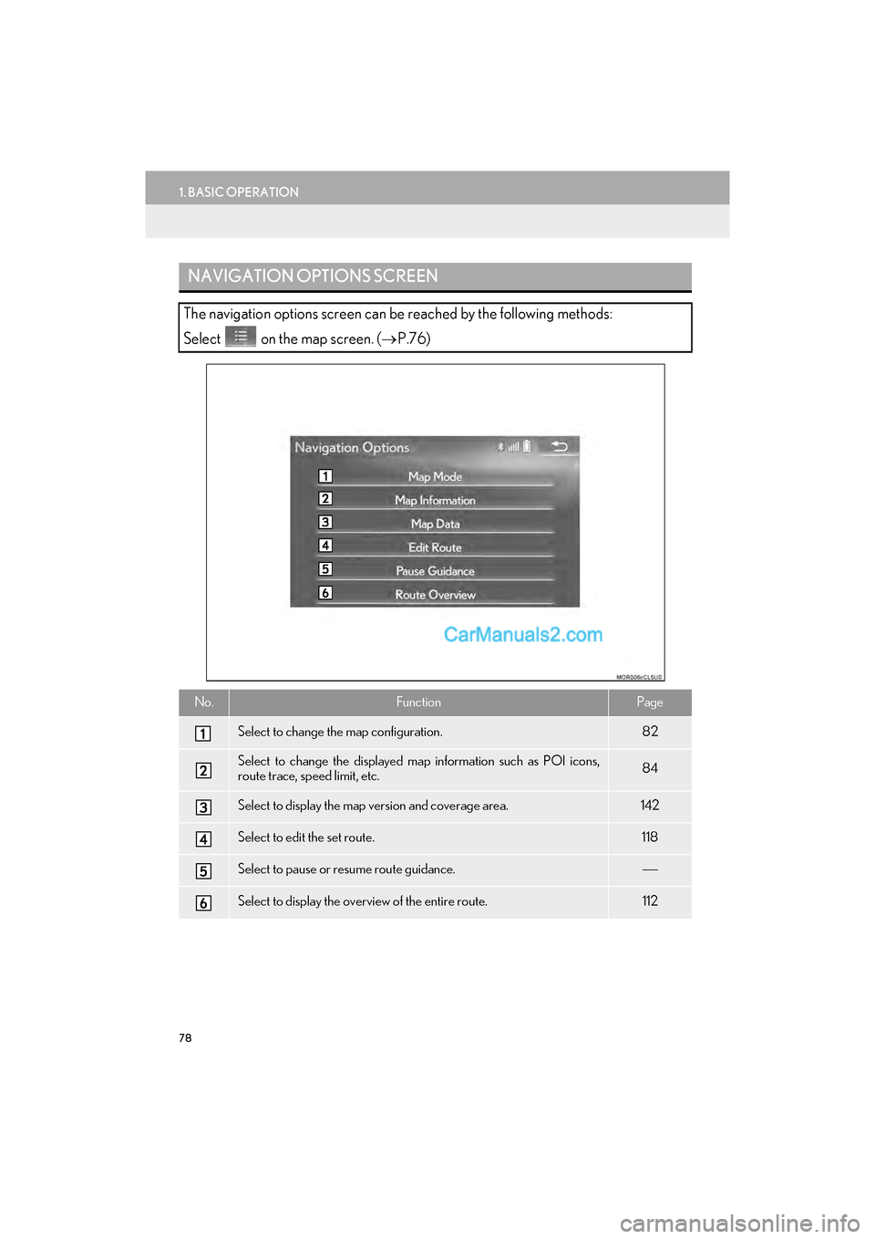 Lexus GS350 2017 Navigation Manual 78
1. BASIC OPERATION
GS_Navi+MM_OM30F99U_(U)16.07.11 14:00
NAVIGATION OPTIONS SCREEN
The navigation options screen can be reached by the following methods:
Select on the map screen.
(→ P.76 Lexus GS350 2017 Navigation Manual 78
1. BASIC OPERATION
GS_Navi+MM_OM30F99U_(U)16.07.11 14:00
NAVIGATION OPTIONS SCREEN
The navigation options screen can be reached by the following methods:
Select on the map screen.
(→ P.76