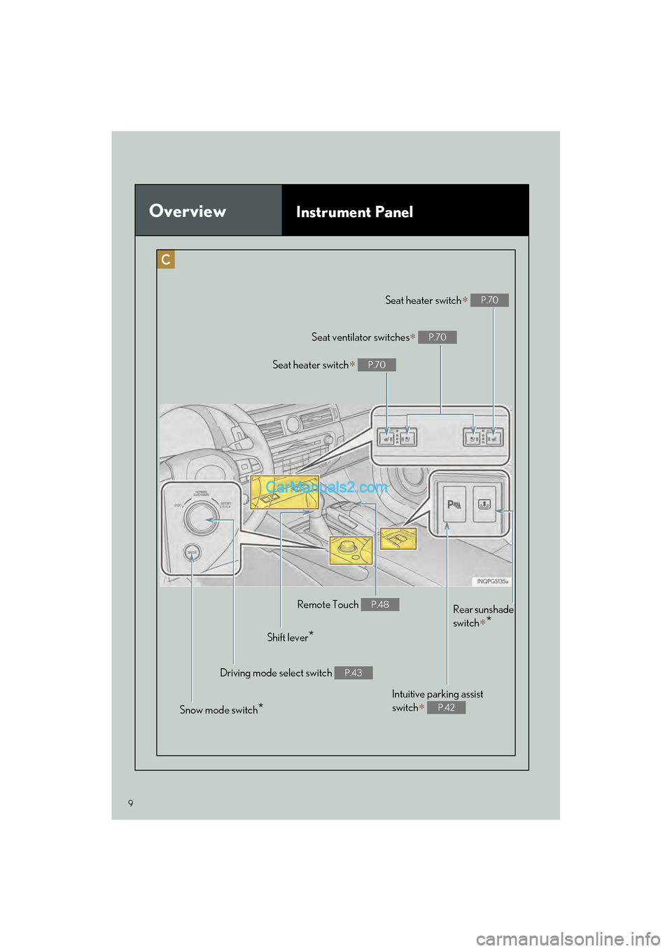 Lexus GS350 2017 Quick Guide 9
GS350_200t_QG_OM30G01U_(U)
OverviewInstrument Panel
Remote Touch P.48
Shift lever*
Driving mode select switch P.43
Snow mode switch*
Seat heater switch P.70
Seat ventilator switches P.70
Seat Lexus GS350 2017 Quick Guide 9
GS350_200t_QG_OM30G01U_(U)
OverviewInstrument Panel
Remote Touch P.48
Shift lever*
Driving mode select switch P.43
Snow mode switch*
Seat heater switch P.70
Seat ventilator switches P.70
Seat