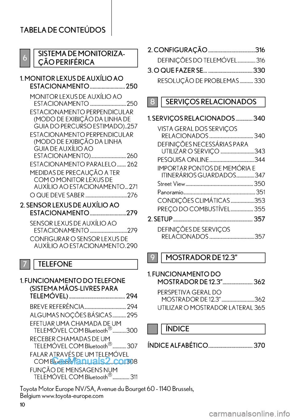 Lexus GS350 2017  Manual de navegação (in Portuguese) TABELA DE CONTEÚDOS
10
1. MONITOR LEXUS DE AUXÍLIO AO 
ESTACIONAMENTO ........................... 250
MONITOR LEXUS DE AUXÍLIO AO 
ESTACIONAMENTO ................................ 250
ESTACIONAMENTO