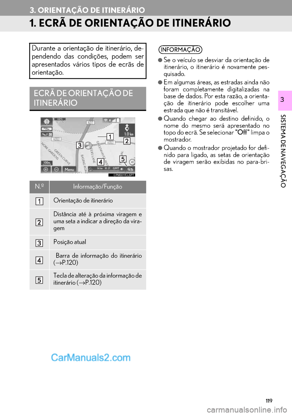 Lexus GS350 2017  Manual de navegação (in Portuguese) 119
SISTEMA DE NAVEGAÇÃO
3
3. ORIENTAÇÃO DE ITINERÁRIO
1. ECRÃ DE ORIENTAÇÃO DE ITINERÁRIO
Durante a orientação de itinerário, de-
pendendo das condições, podem ser
apresentados vários 