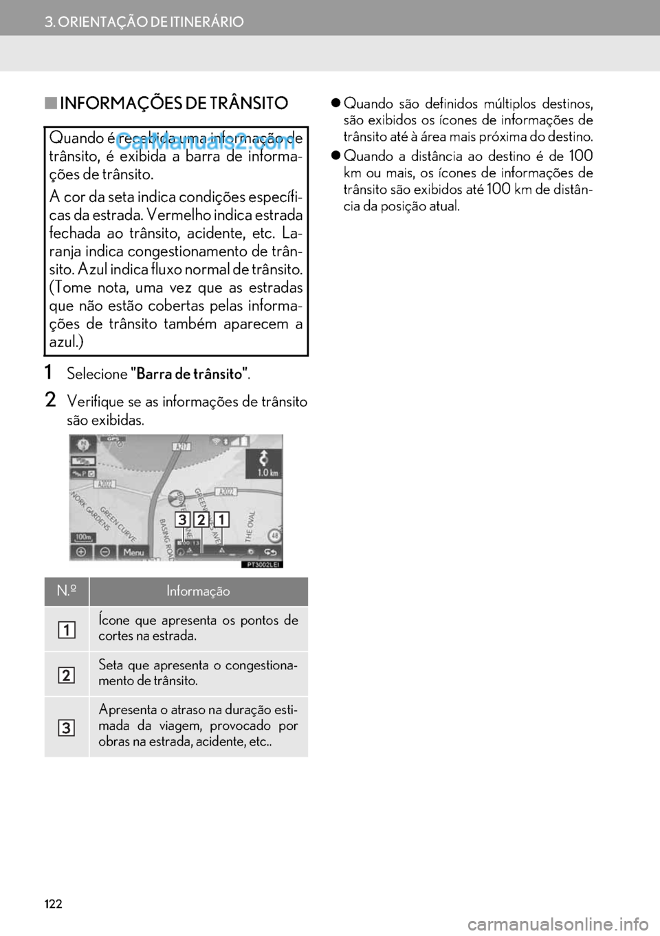 Lexus GS350 2017  Manual de navegação (in Portuguese) 122
3. ORIENTAÇÃO DE ITINERÁRIO
■INFORMAÇÕES DE TRÂNSITO
1Selecione"Barra de trânsito".
2Verifique se as informações de trânsito
são exibidas.
�zQuando são definidos múltiplos destinos,