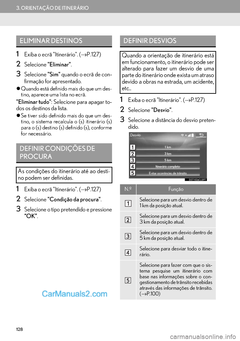 Lexus GS350 2017  Manual de navegação (in Portuguese) 128
3. ORIENTAÇÃO DE ITINERÁRIO
1Exiba o ecrã "Itinerário". (→P.127)
2Selecione"Eliminar".
3Selecione"Sim" quando o ecrã de con-
firmação for apresentado.
�zQuando está definido mais do que
