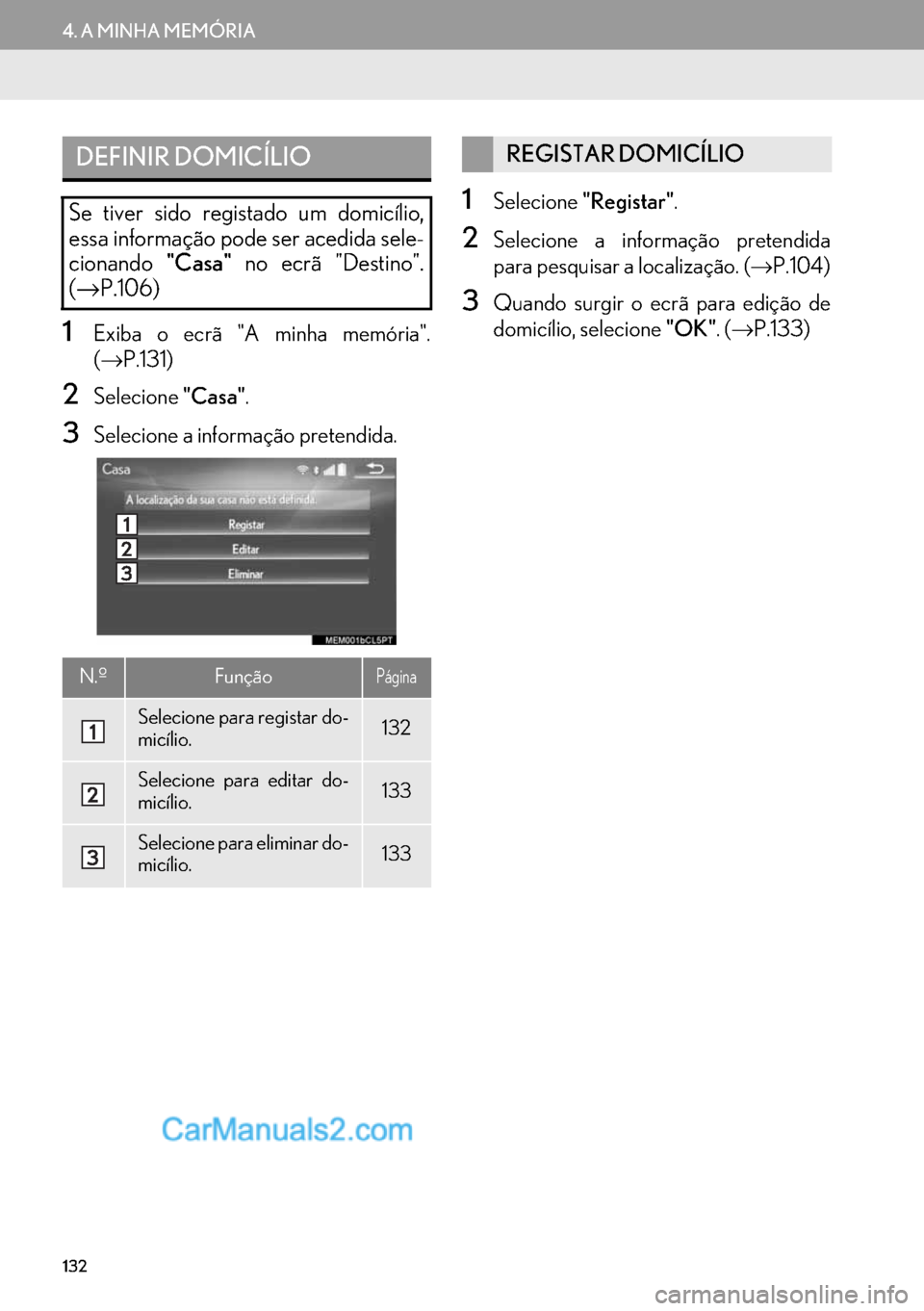 Lexus GS350 2017  Manual de navegação (in Portuguese) 132
4. A MINHA MEMÓRIA
1Exiba o ecrã "A minha memória".
(→P.131)
2Selecione"Casa".
3Selecione a informação pretendida.
1Selecione"Registar".
2Selecione a informação pretendida
para pesquisar 