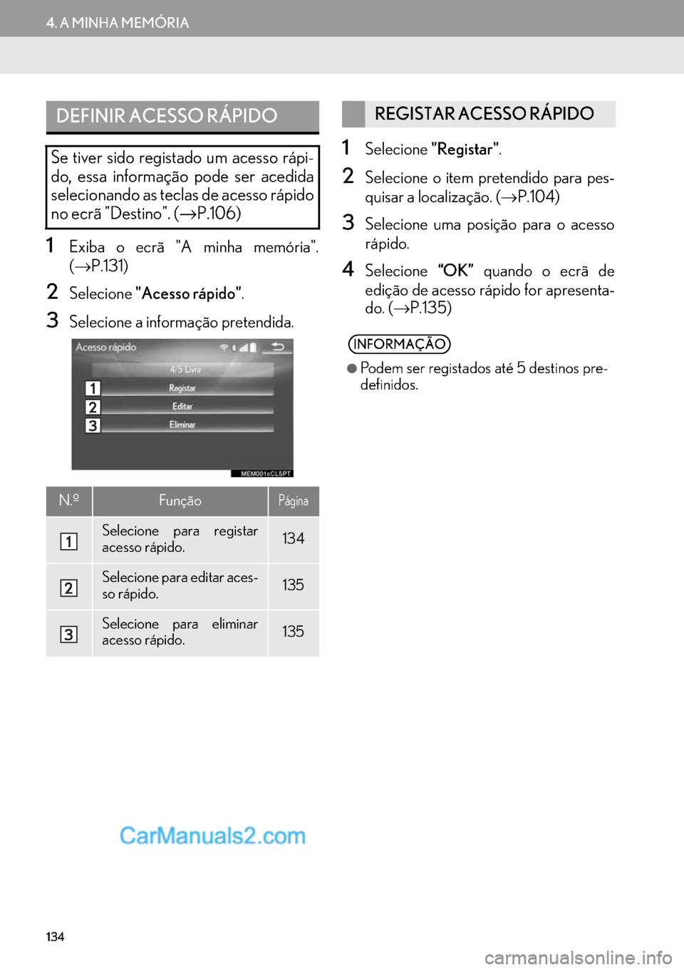 Lexus GS350 2017  Manual de navegação (in Portuguese) 134
4. A MINHA MEMÓRIA
1Exiba o ecrã "A minha memória".
(→P.131)
2Selecione"Acesso rápido".
3Selecione a informação pretendida.
1Selecione"Registar".
2Selecione o item pretendido para pes-
qui