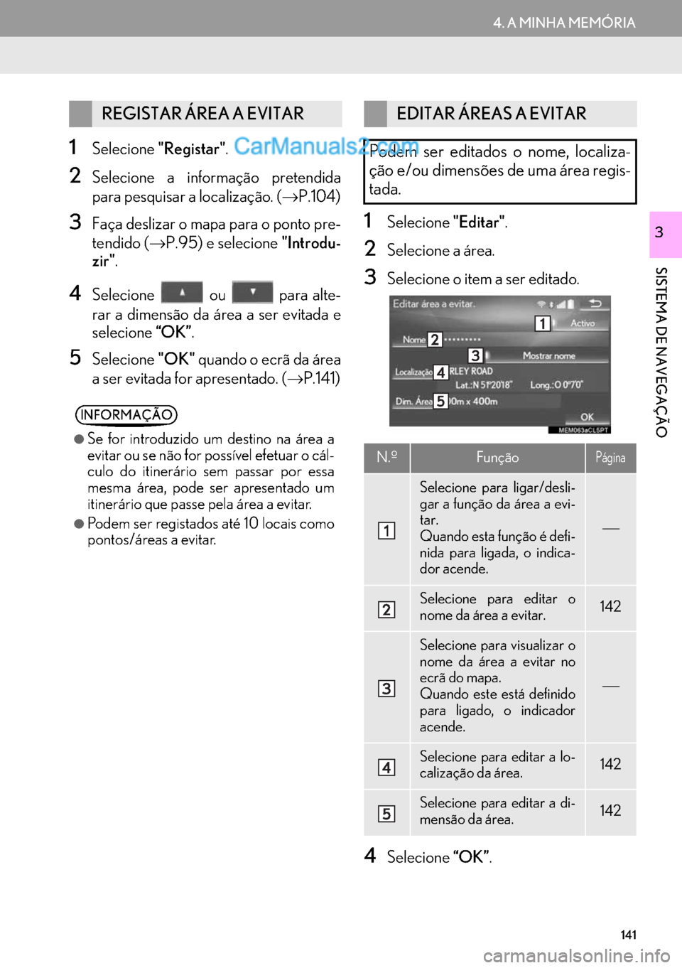 Lexus GS350 2017  Manual de navegação (in Portuguese) 141
4. A MINHA MEMÓRIA
SISTEMA DE NAVEGAÇÃO
3
1Selecione"Registar".
2Selecione a informação pretendida
para pesquisar a localização. (→P.104)
3Faça deslizar o mapa para o ponto pre-
tendido 