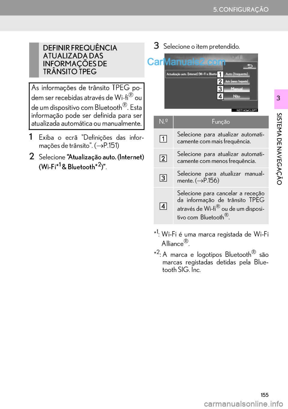 Lexus GS350 2017 Manual de navegação (in Portuguese) 155
5. CONFIGURAÇÃO
SISTEMA DE NAVEGAÇÃO
3
1Exiba o ecrã "Definições das infor-
mações de trânsito". (→P.151)
2Selecione“Atualização auto. (Internet)
(Wi-Fi*
1 & Bluetooth*2)”.
3Sele Lexus GS350 2017 Manual de navegação (in Portuguese) 155
5. CONFIGURAÇÃO
SISTEMA DE NAVEGAÇÃO
3
1Exiba o ecrã "Definições das infor-
mações de trânsito". (→P.151)
2Selecione“Atualização auto. (Internet)
(Wi-Fi*
1 & Bluetooth*2)”.
3Sele
