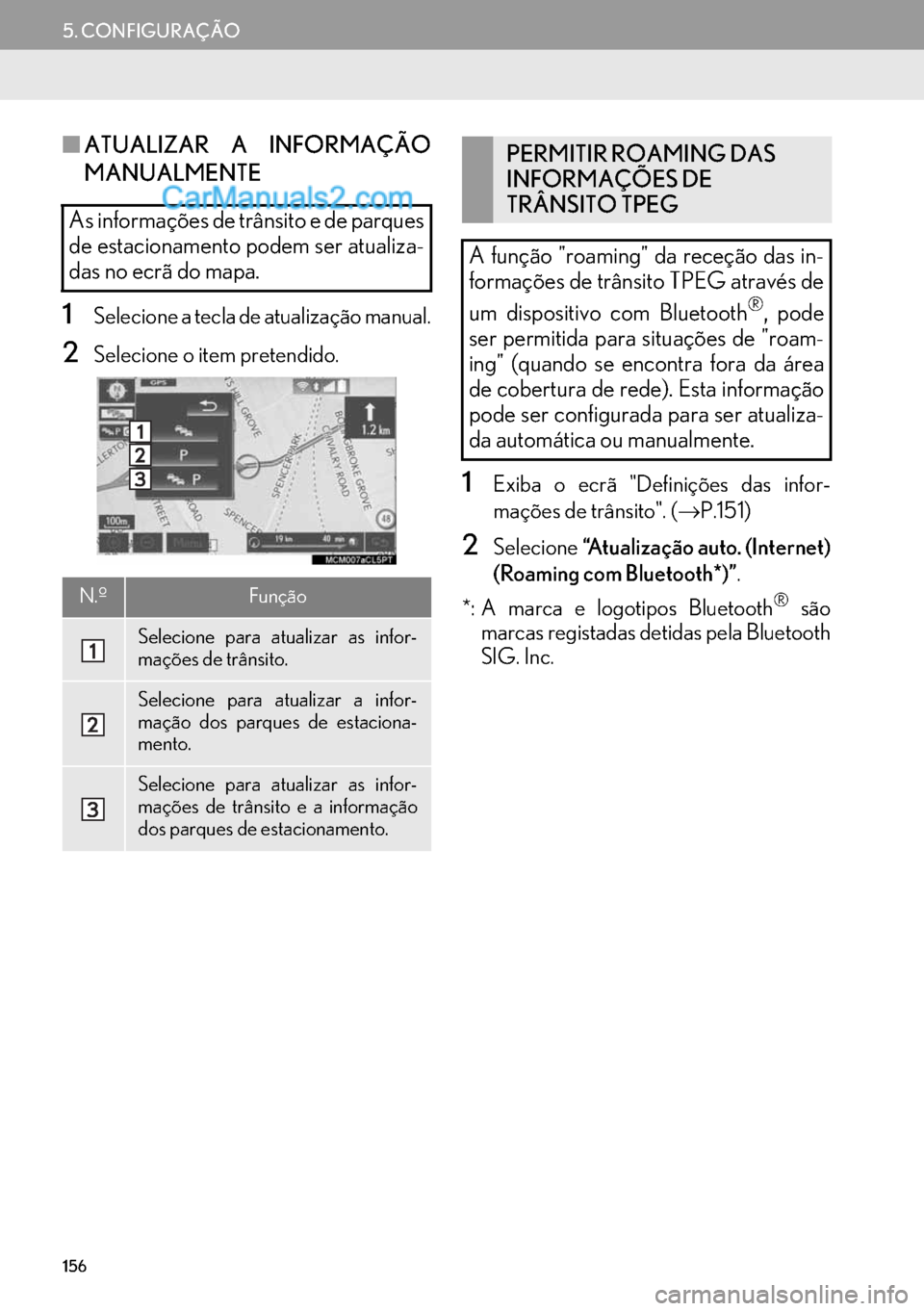 Lexus GS350 2017 Manual de navegação (in Portuguese) 156
5. CONFIGURAÇÃO
■ATUALIZAR A INFORMAÇÃO
MANUALMENTE
1Selecione a tecla de atualização manual.
2Selecione o item pretendido.
1Exiba o ecrã "Definições das infor-
mações de trânsito". Lexus GS350 2017 Manual de navegação (in Portuguese) 156
5. CONFIGURAÇÃO
■ATUALIZAR A INFORMAÇÃO
MANUALMENTE
1Selecione a tecla de atualização manual.
2Selecione o item pretendido.
1Exiba o ecrã "Definições das infor-
mações de trânsito".