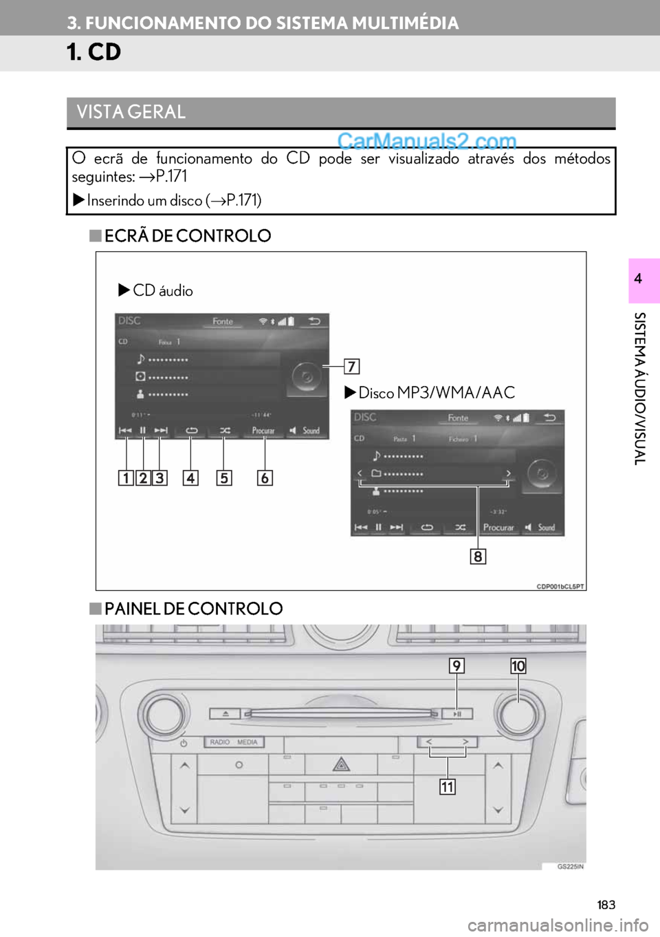 Lexus GS350 2017 Manual de navegação (in Portuguese) 183
SISTEMA ÁUDIO/VISUAL
4
3. FUNCIONAMENTO DO SISTEMA MULTIMÉDIA
1. CD
■ECRÃ DE CONTROLO
■PAINEL DE CONTROLO
VISTA GERAL
O ecrã de funcionamento do CD pode ser visualizado através dos métod Lexus GS350 2017 Manual de navegação (in Portuguese) 183
SISTEMA ÁUDIO/VISUAL
4
3. FUNCIONAMENTO DO SISTEMA MULTIMÉDIA
1. CD
■ECRÃ DE CONTROLO
■PAINEL DE CONTROLO
VISTA GERAL
O ecrã de funcionamento do CD pode ser visualizado através dos métod
