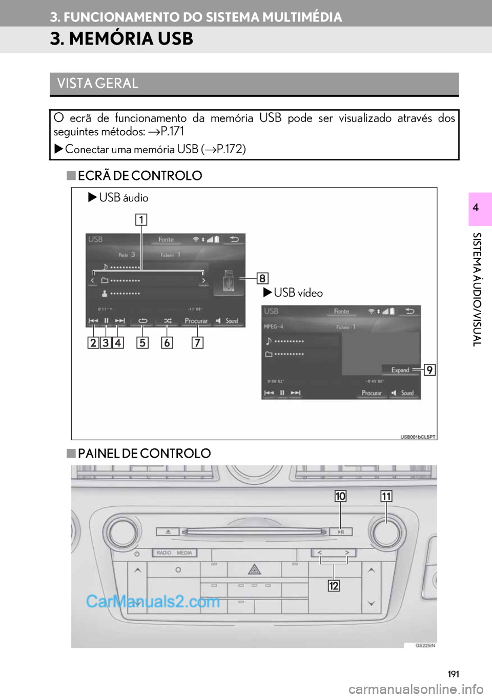 Lexus GS350 2017  Manual de navegação (in Portuguese) 191
3. FUNCIONAMENTO DO SISTEMA MULTIMÉDIA
SISTEMA ÁUDIO/VISUAL
4
3. MEMÓRIA USB
■ECRÃ DE CONTROLO
■PAINEL DE CONTROLO
VISTA GERAL
O ecrã de funcionamento da memória USB pode ser visualizado