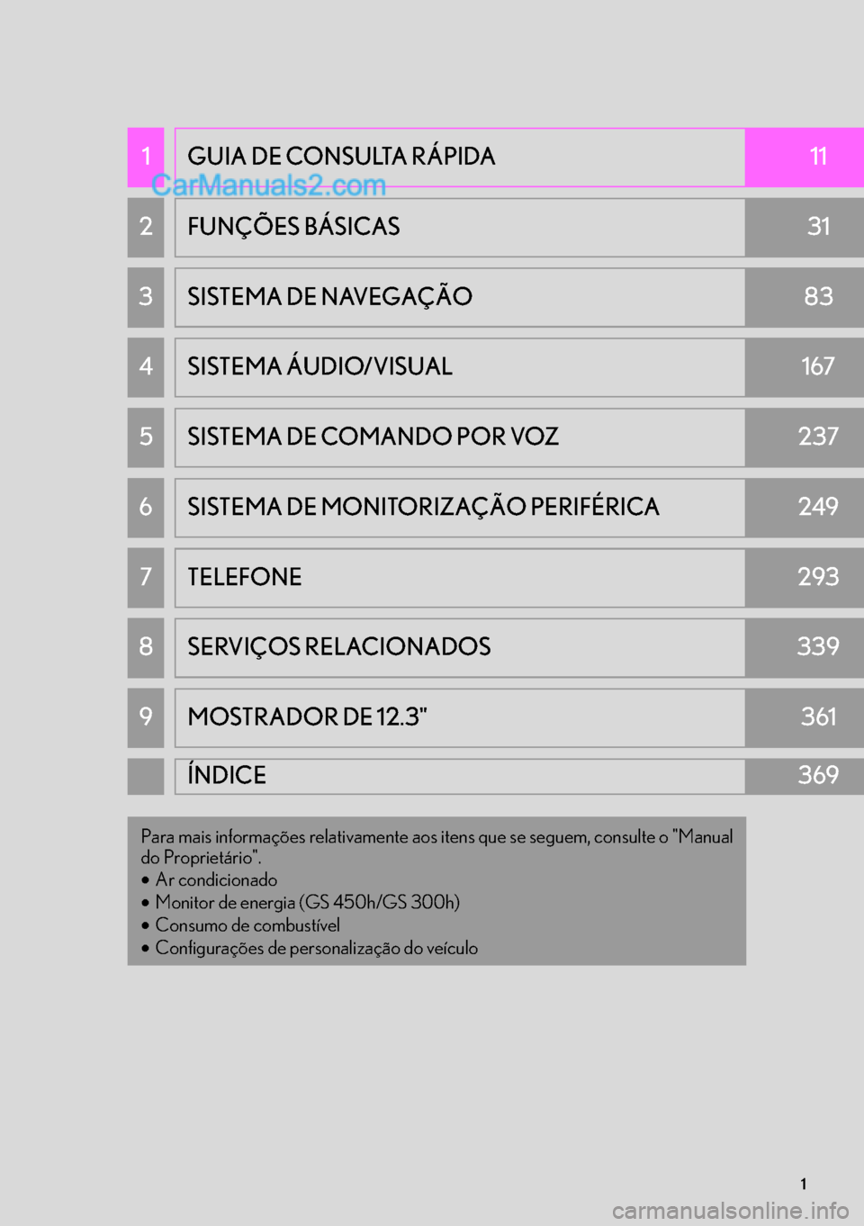 Lexus GS350 2017 Manual de navegação (in Portuguese) 1
1GUIA DE CONSULTA RÁPIDA11
2FUNÇÕES BÁSICAS31
3SISTEMA DE NAVEGAÇÃO83
4SISTEMA ÁUDIO/VISUAL167
5SISTEMA DE COMANDO POR VOZ237
6SISTEMA DE MONITORIZAÇÃO PERIFÉRICA249
7TELEFONE293
8SERVIÇO Lexus GS350 2017 Manual de navegação (in Portuguese) 1
1GUIA DE CONSULTA RÁPIDA11
2FUNÇÕES BÁSICAS31
3SISTEMA DE NAVEGAÇÃO83
4SISTEMA ÁUDIO/VISUAL167
5SISTEMA DE COMANDO POR VOZ237
6SISTEMA DE MONITORIZAÇÃO PERIFÉRICA249
7TELEFONE293
8SERVIÇO