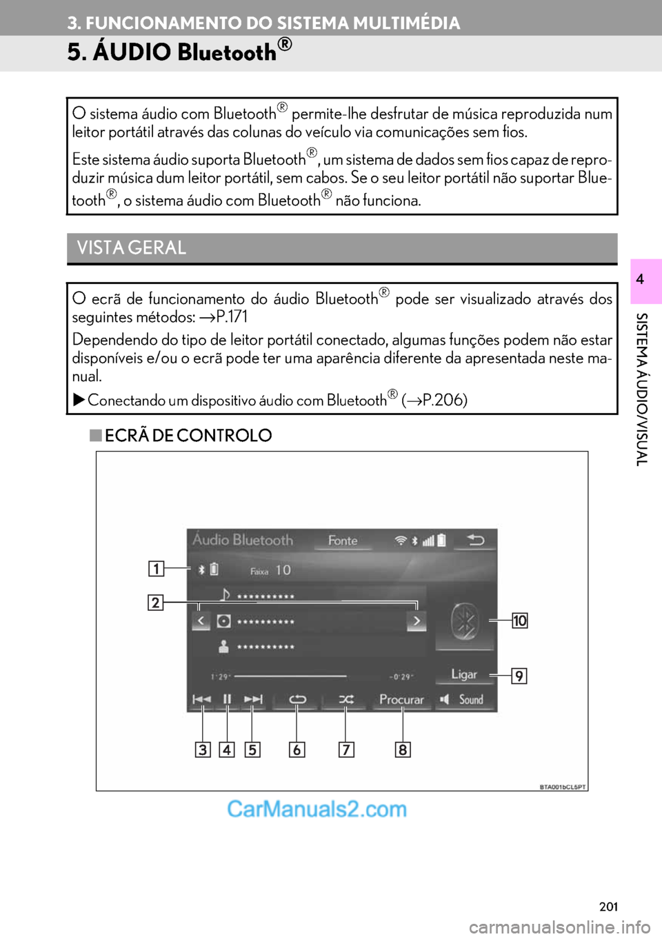 Lexus GS350 2017  Manual de navegação (in Portuguese) 201
3. FUNCIONAMENTO DO SISTEMA MULTIMÉDIA
SISTEMA ÁUDIO/VISUAL
4
5. ÁUDIO Bluetooth®
■ECRÃ DE CONTROLO O sistema áudio com Bluetooth
® permite-lhe desfrutar de música reproduzida num
leitor